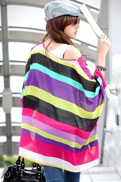 Sexy Unique Rainbow Print Oversize Chiffon Blouse