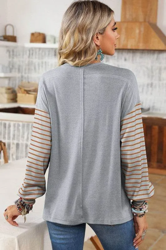 Shewin Colorblock Striped Bishop Sleeve Side Slits Top