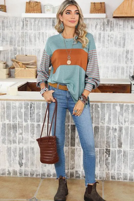 Shewin Colorblock Striped Bishop Sleeve Side Slits Top