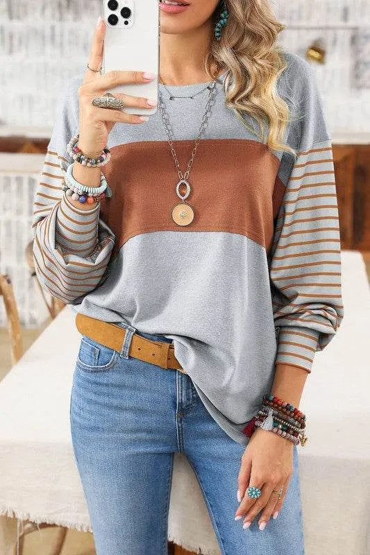 Shewin Colorblock Striped Bishop Sleeve Side Slits Top