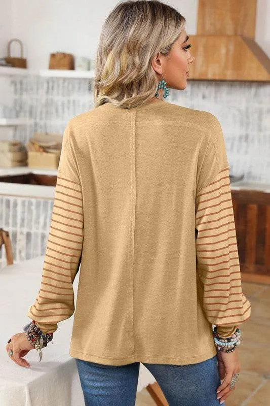 Shewin Colorblock Striped Bishop Sleeve Side Slits Top