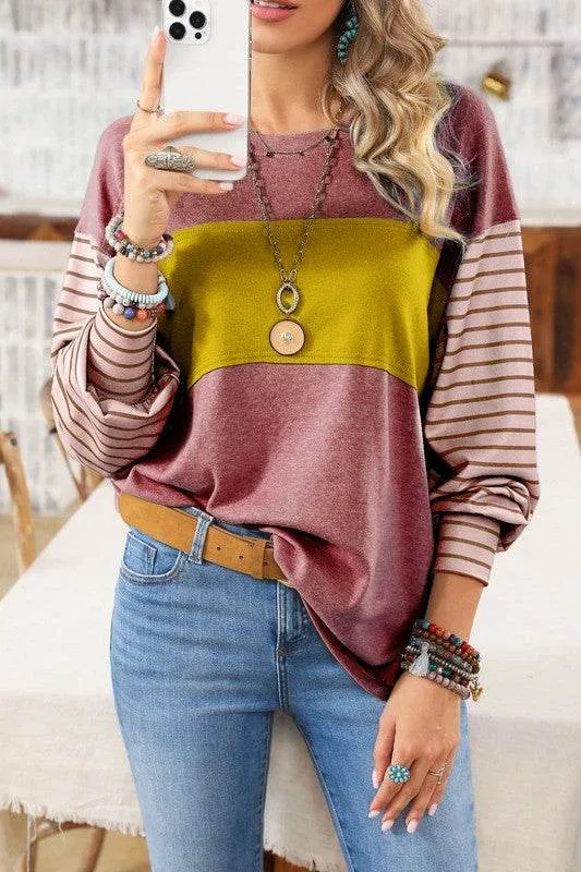 Shewin Colorblock Striped Bishop Sleeve Side Slits Top