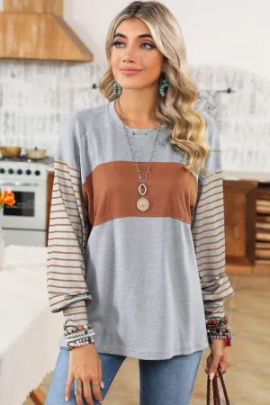 Shewin Colorblock Striped Bishop Sleeve Side Slits Top