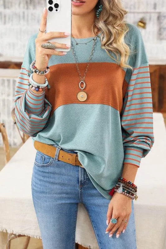 Shewin Colorblock Striped Bishop Sleeve Side Slits Top