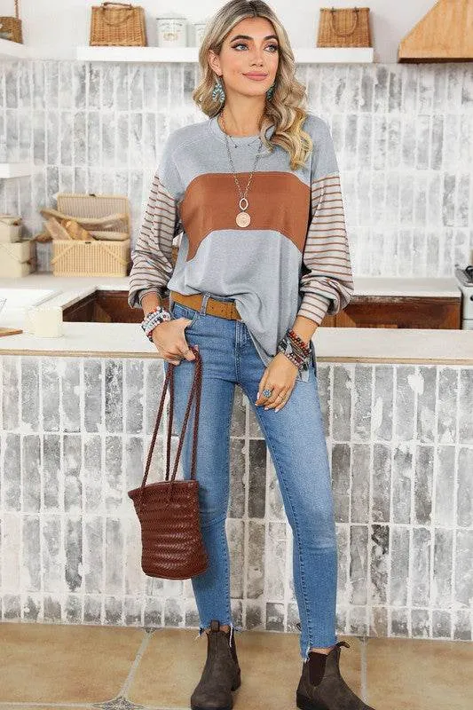 Shewin Colorblock Striped Bishop Sleeve Side Slits Top