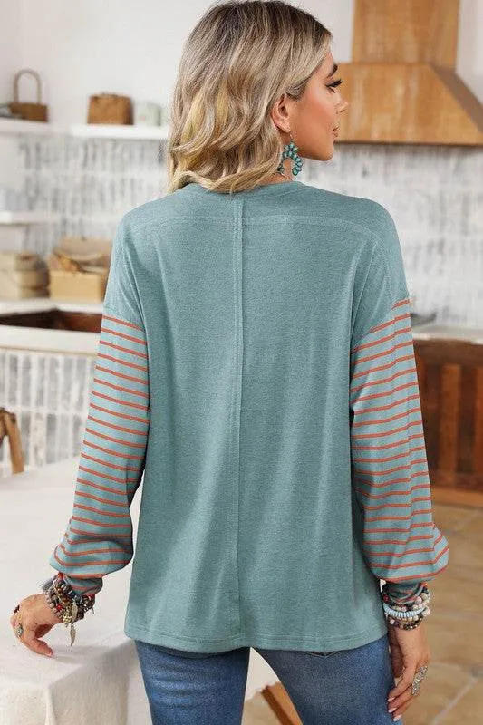 Shewin Colorblock Striped Bishop Sleeve Side Slits Top