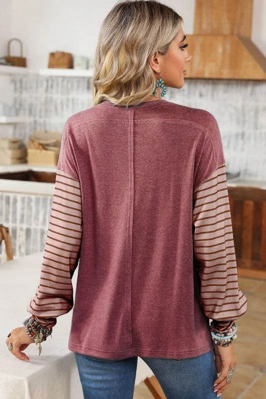 Shewin Colorblock Striped Bishop Sleeve Side Slits Top