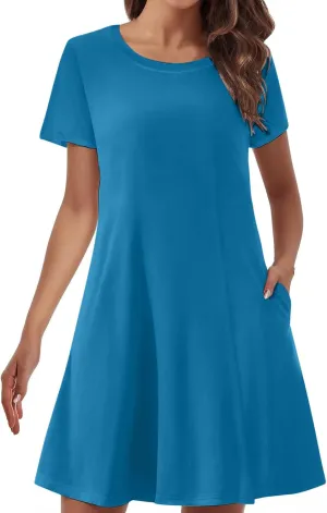 Short Sleeve Dress for Women Crewneck T Shirt Dress Solid Babydoll Dress with Pockets Holiday Vacation Clothes