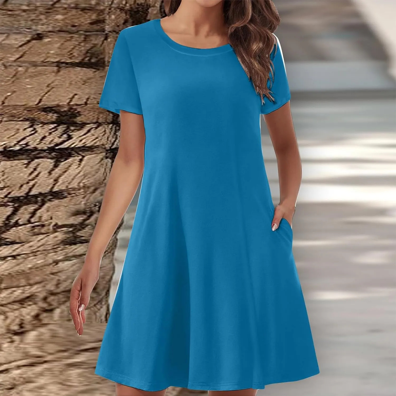 Short Sleeve Dress for Women Crewneck T Shirt Dress Solid Babydoll Dress with Pockets Holiday Vacation Clothes