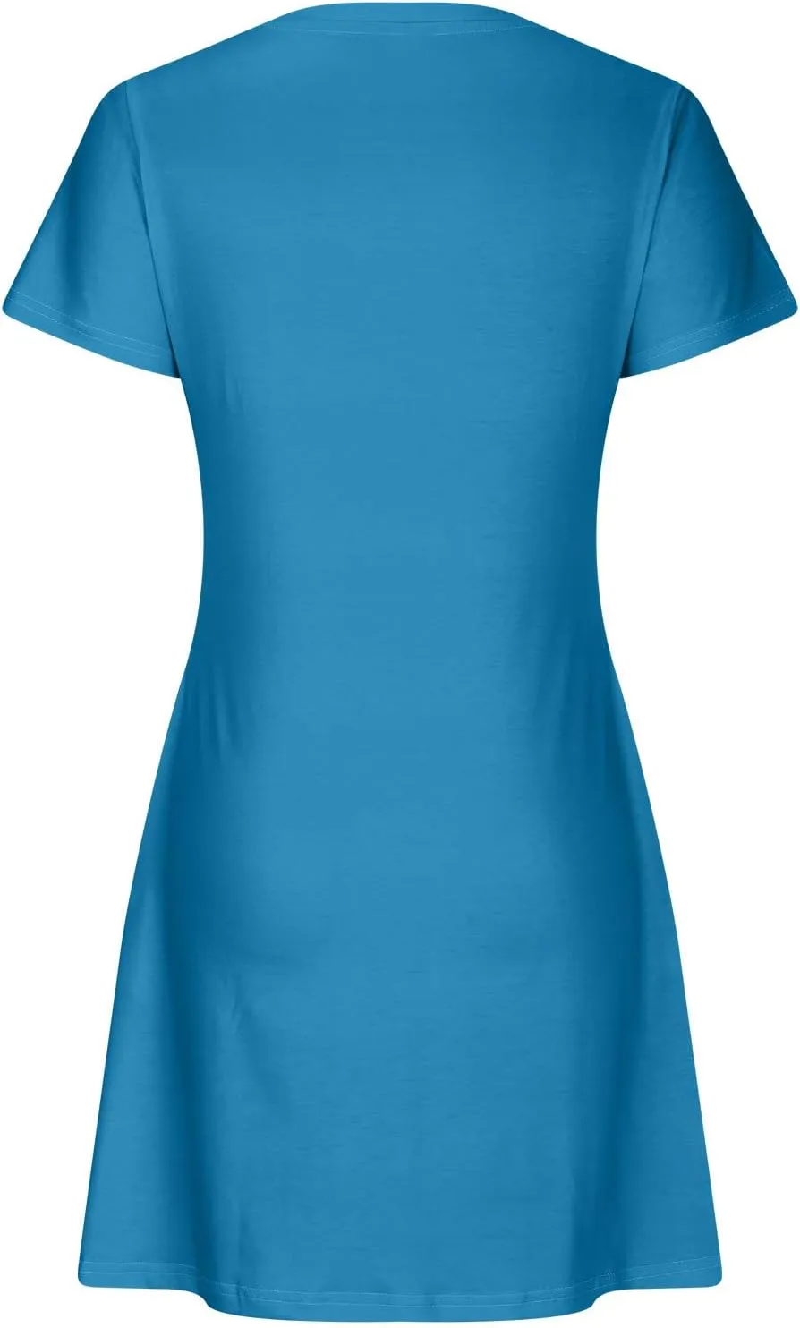 Short Sleeve Dress for Women Crewneck T Shirt Dress Solid Babydoll Dress with Pockets Holiday Vacation Clothes