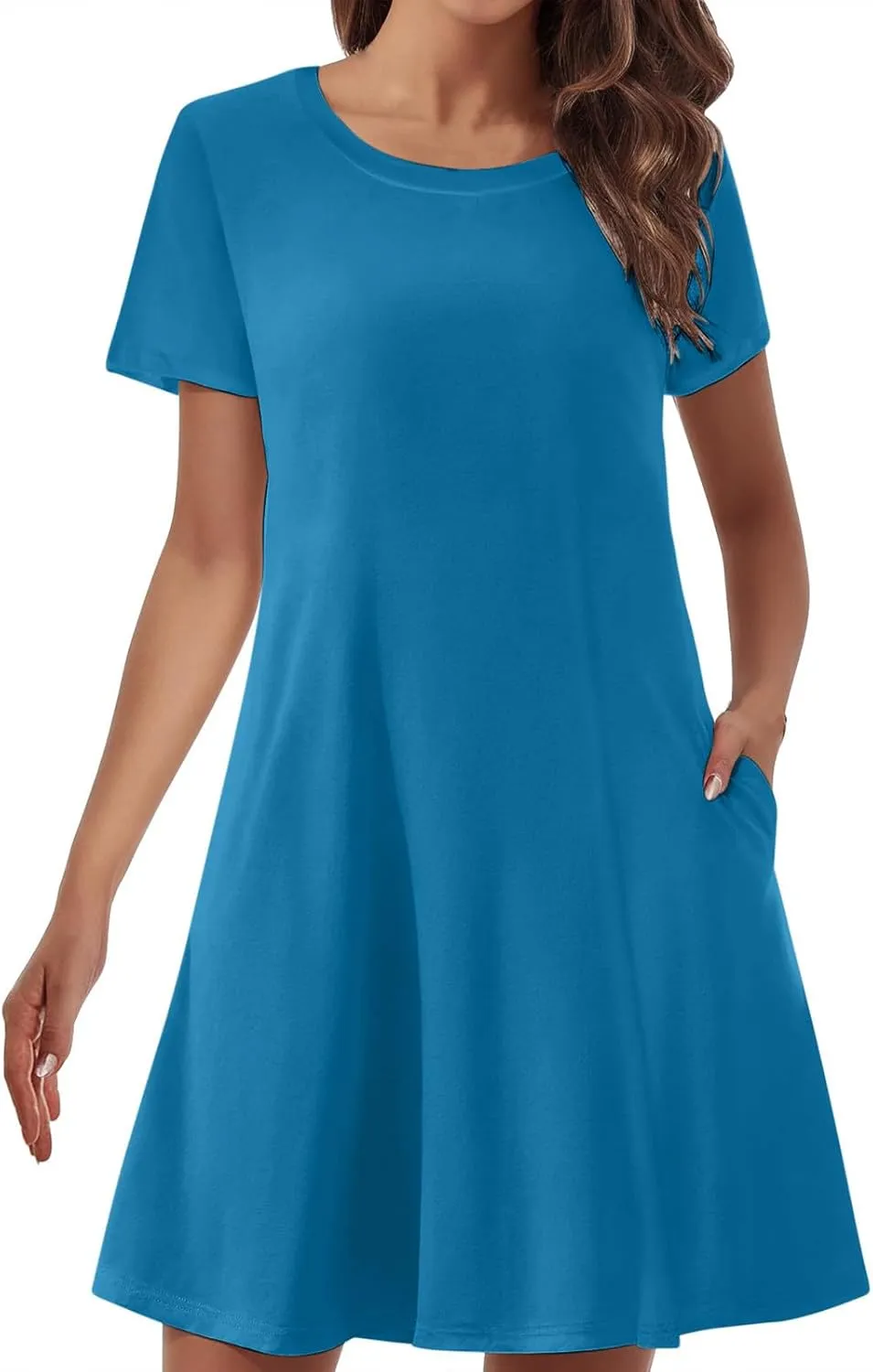 Short Sleeve Dress for Women Crewneck T Shirt Dress Solid Babydoll Dress with Pockets Holiday Vacation Clothes