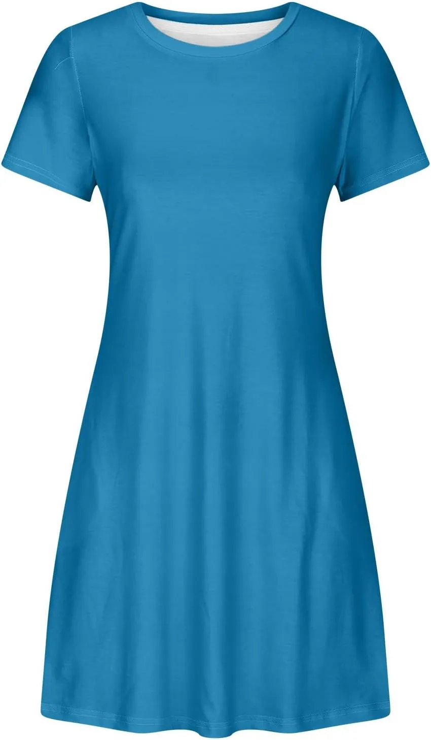 Short Sleeve Dress for Women Crewneck T Shirt Dress Solid Babydoll Dress with Pockets Holiday Vacation Clothes