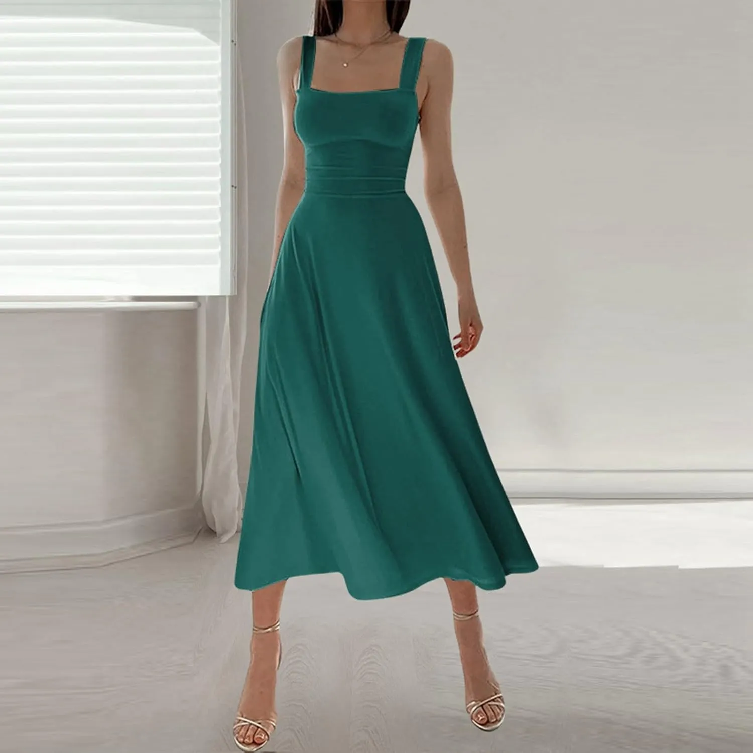 Sleeveless Dresses For Women 2025 Square Neck Slim Fit Waisted Flowy Swing Long Dress Solid Elegant Party Sundress