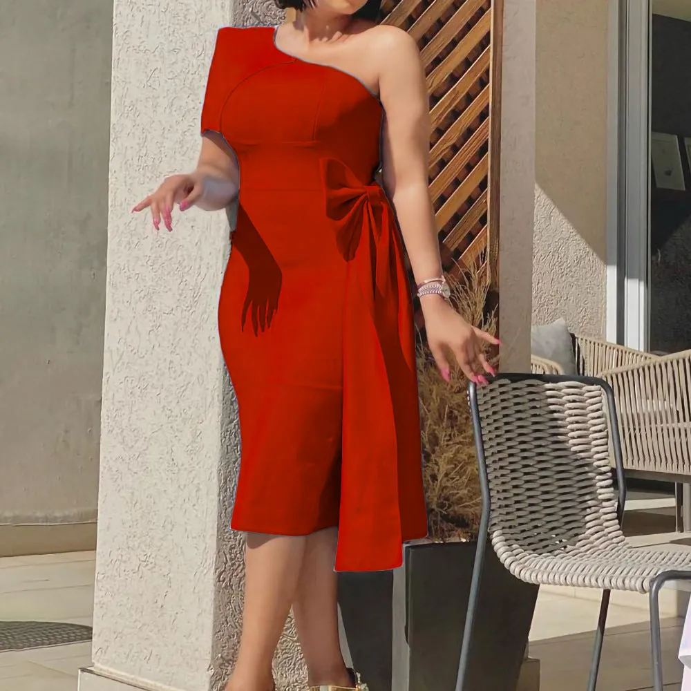 Solid Color Bow Tie Plus Size Elegant Commuter Dress