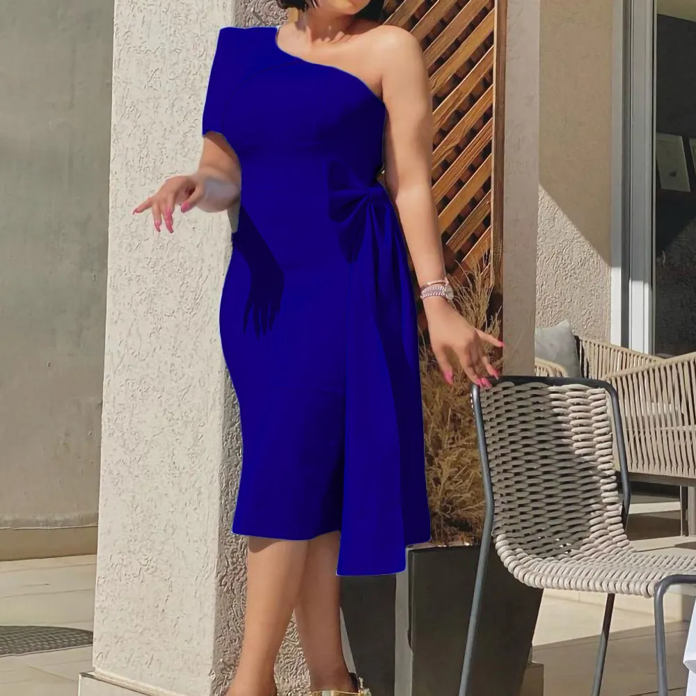 Solid Color Bow Tie Plus Size Elegant Commuter Dress