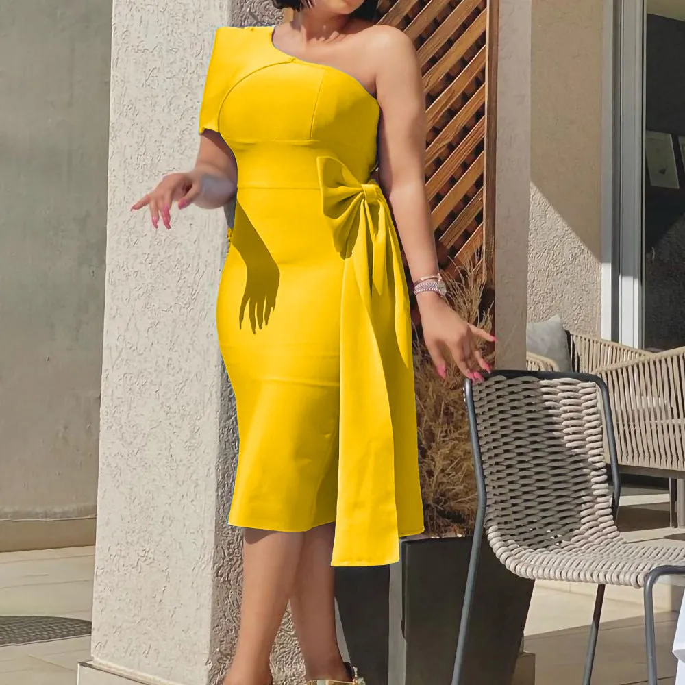 Solid Color Bow Tie Plus Size Elegant Commuter Dress