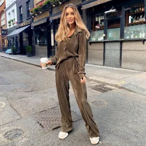 Streetwear Cozy Slim Brown Spring Outfits Pleated Casual Two Piece  Set