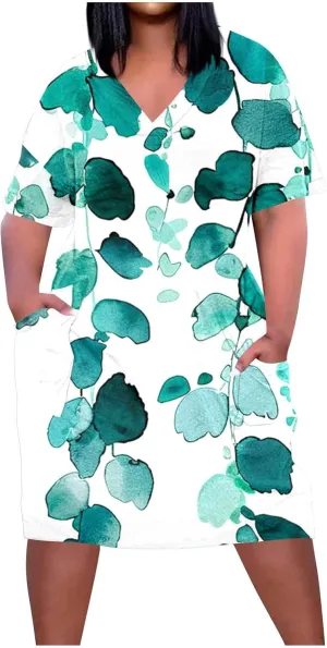 Summer Dress for Curvy Women Loose Short Sleeve Dress Casual V Neck Dress with Pockets Spring Wedding Guest Dresses