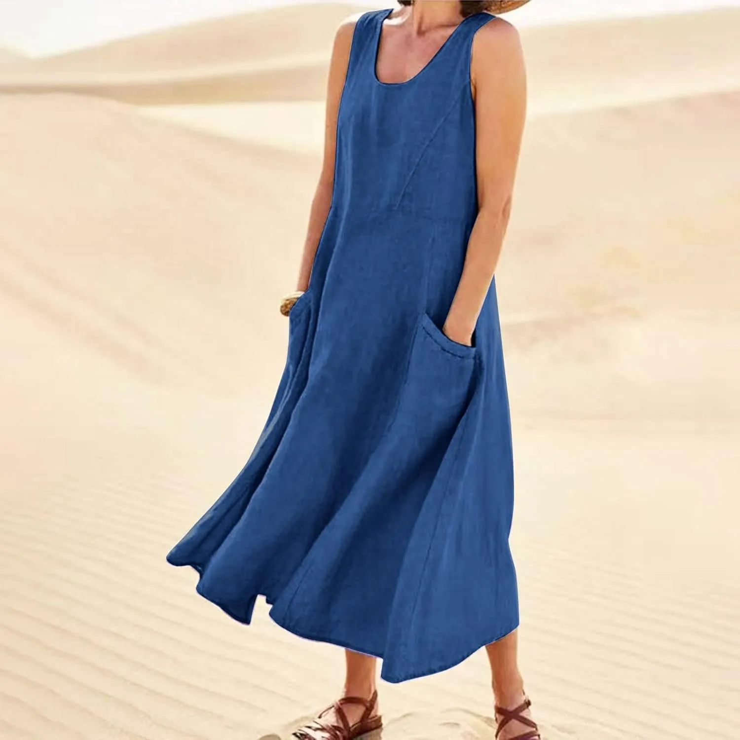 Summer Dresses for Women 2025 Linen Maxi Dresses Flowy Sleeveless Sundress with Pockets U Neck Boho Dress for Beach