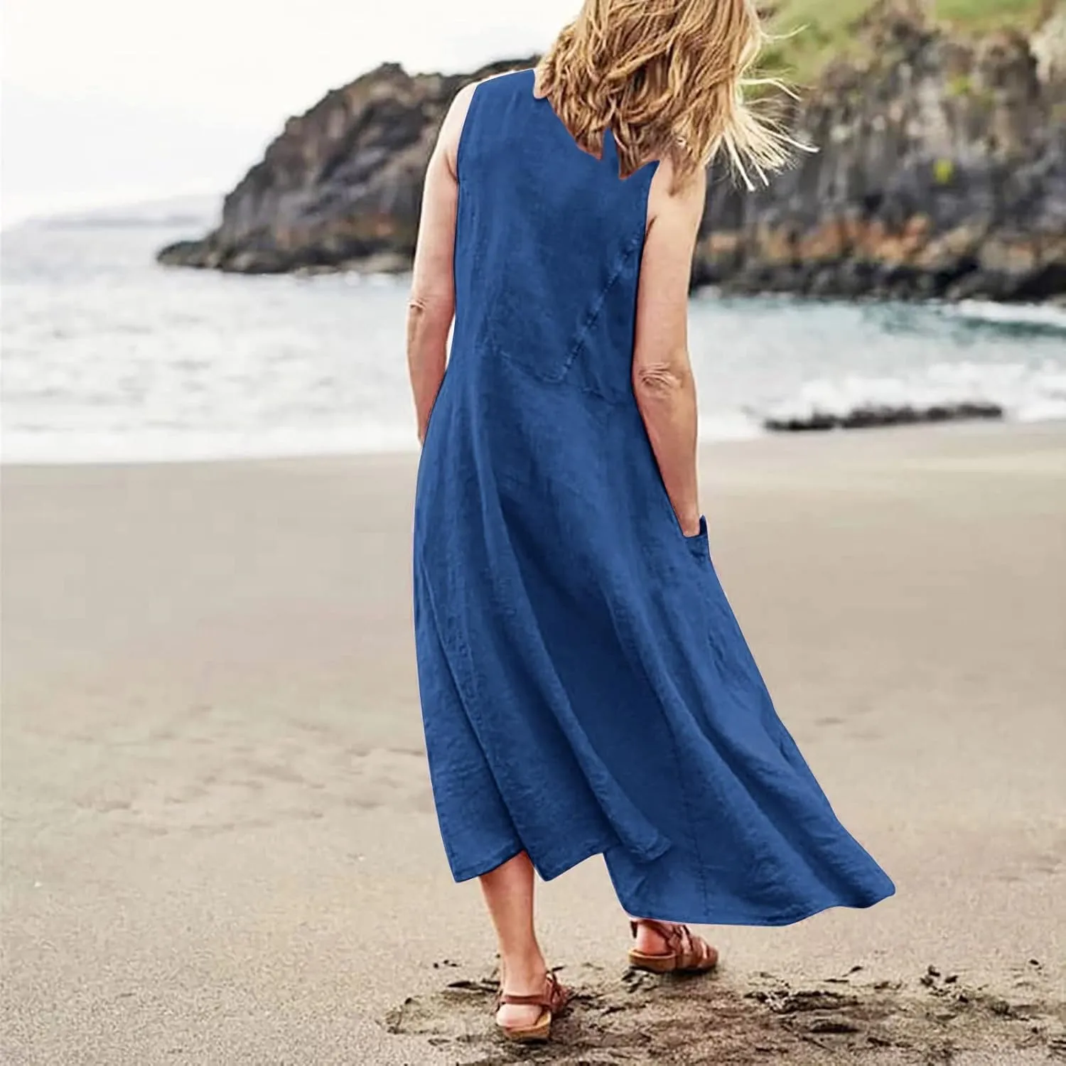 Summer Dresses for Women 2025 Linen Maxi Dresses Flowy Sleeveless Sundress with Pockets U Neck Boho Dress for Beach
