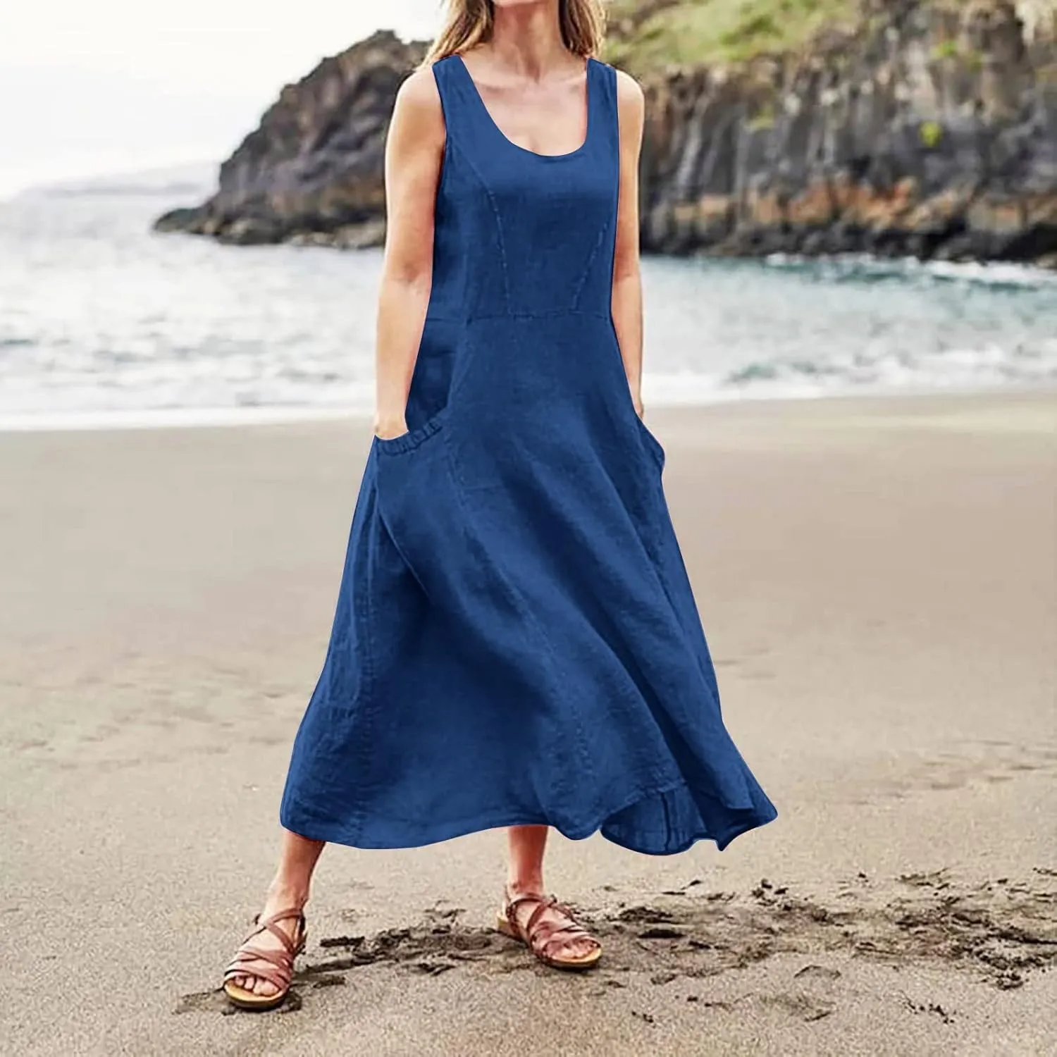Summer Dresses for Women 2025 Linen Maxi Dresses Flowy Sleeveless Sundress with Pockets U Neck Boho Dress for Beach
