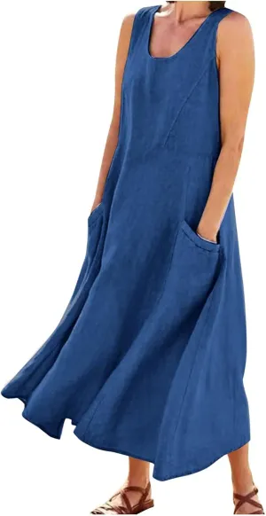Summer Dresses for Women 2025 Linen Maxi Dresses Flowy Sleeveless Sundress with Pockets U Neck Boho Dress for Beach