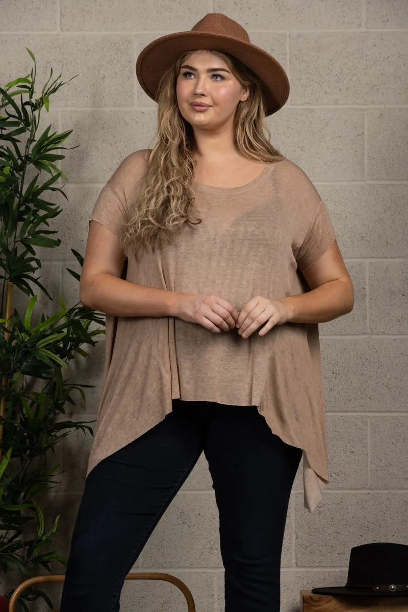 TAUPE OVERSIZE ASYMMETRIC HEM PLUS SIZE KNIT TOP-PTL11719SA