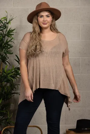 TAUPE OVERSIZE ASYMMETRIC HEM PLUS SIZE KNIT TOP-PTL11719SA
