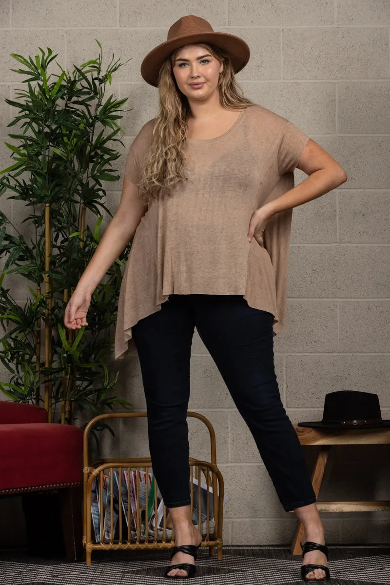 TAUPE OVERSIZE ASYMMETRIC HEM PLUS SIZE KNIT TOP-PTL11719SA
