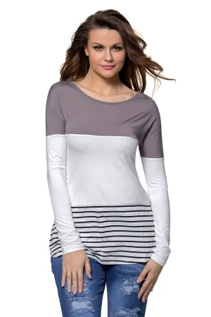 Taupe White Color Block Striped Long Sleeve Blouse Top