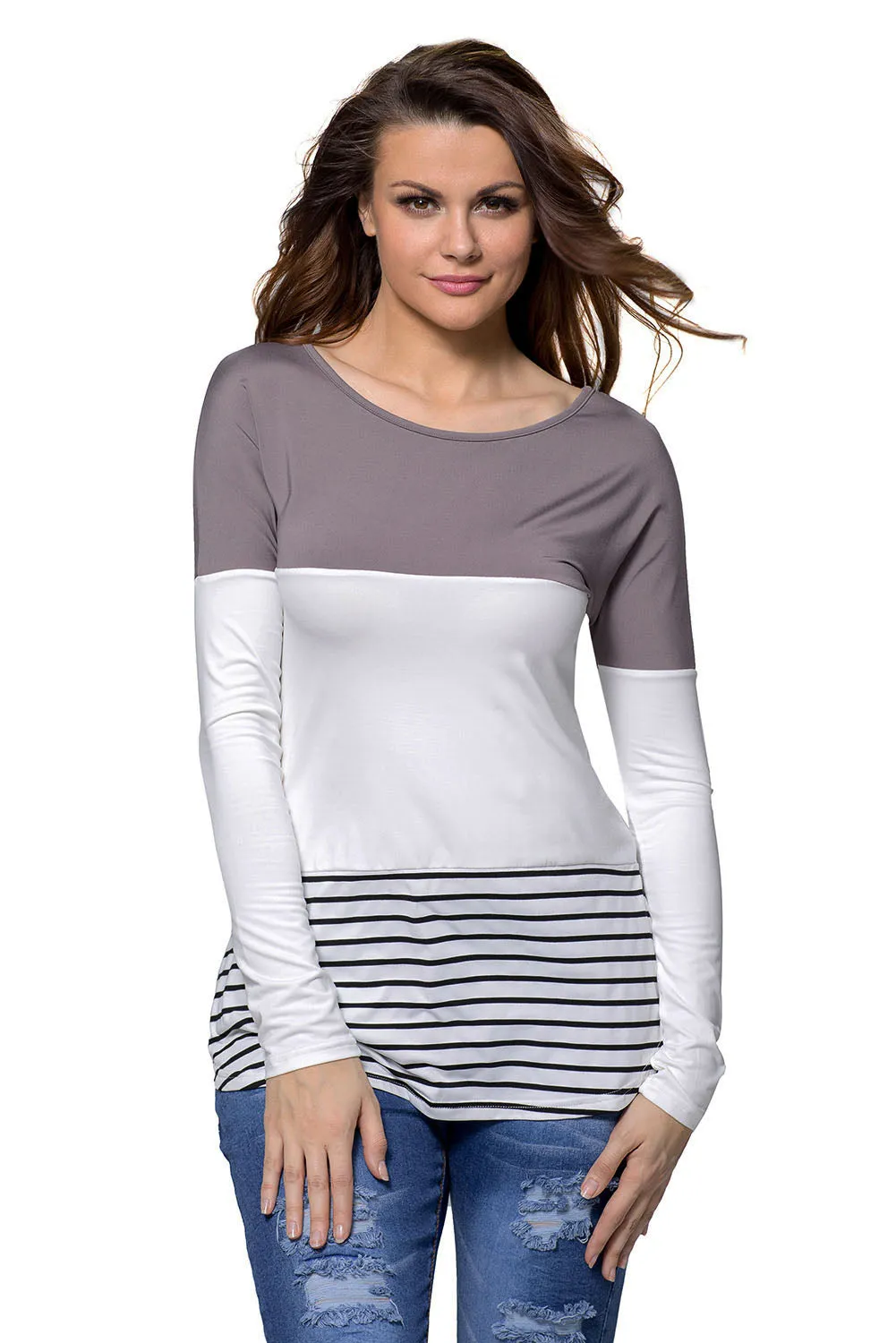Taupe White Color Block Striped Long Sleeve Blouse Top