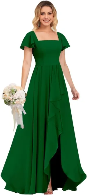TORYEMY Chiffon Bridesmaid Dresses with Sleeves Long Square Neck Ruffle Formal Evening Dresses for Wedding