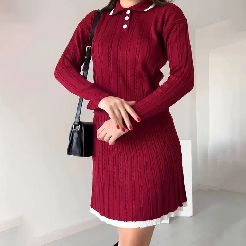 Two-piece knitted jumper and short skirt for women