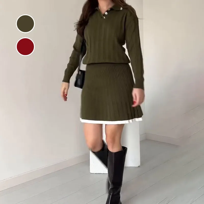 Two-piece knitted jumper and short skirt for women