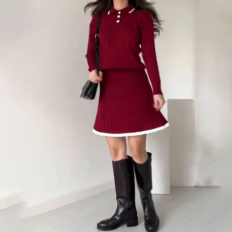 Two-piece knitted jumper and short skirt for women