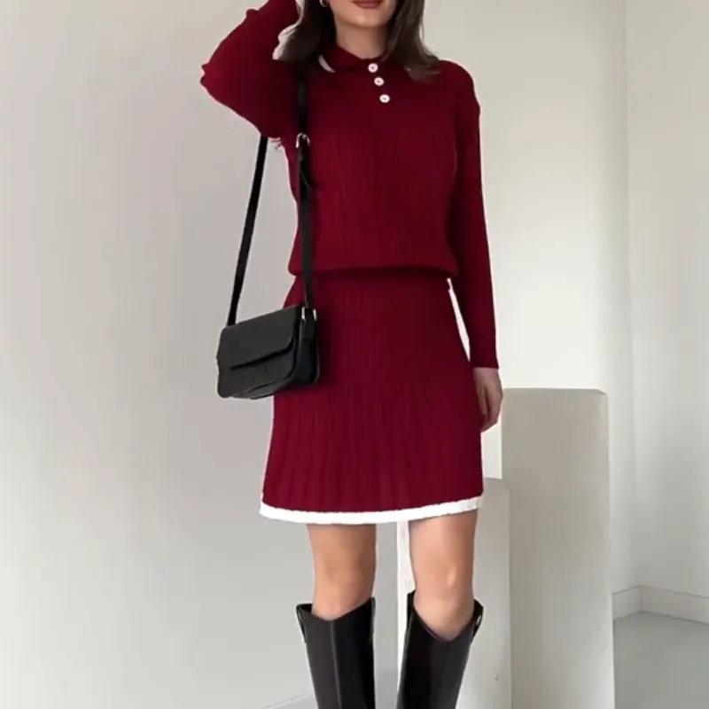 Two-piece knitted jumper and short skirt for women