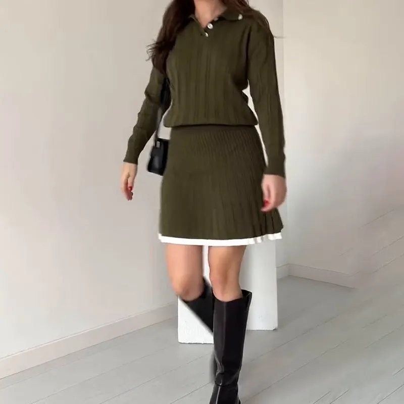 Two-piece knitted jumper and short skirt for women