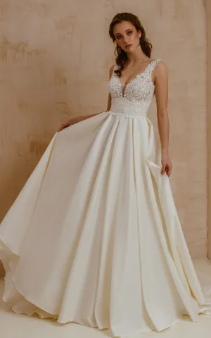 V-neck Short Sleeve Satin Lace A Line Floor-length Wedding Dress with Pleats and Sweep Train-715916