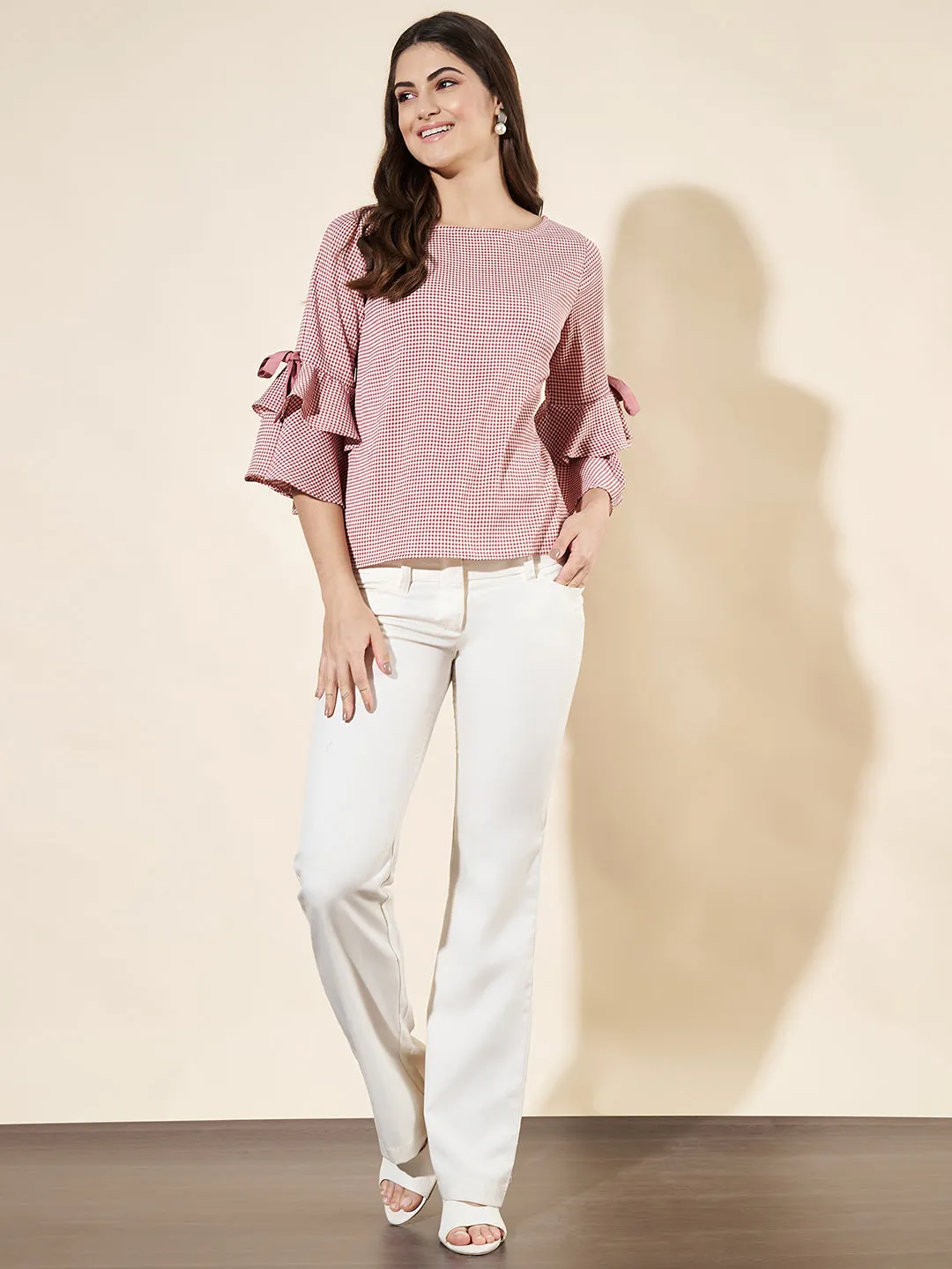 Women Layered Checkered Boxy Red Top