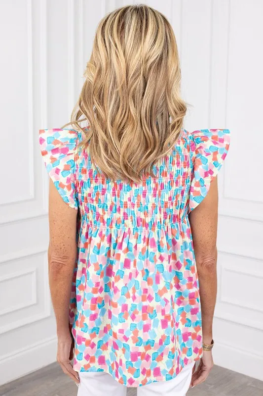 Women Shirred Yoke Ruffled Abstract Printed Blouse