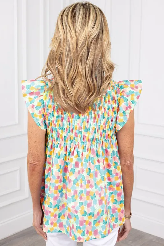 Women Shirred Yoke Ruffled Abstract Printed Blouse