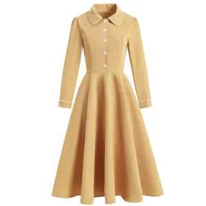 Women Vintage Peter Pan Collar Corduroy Elegant Midi Dress