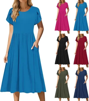 Womens Casual Dress for Summer Short Sleeve Pleated Dress Flowy Floral Beach Dress with Pockets A Line Midi Sundress