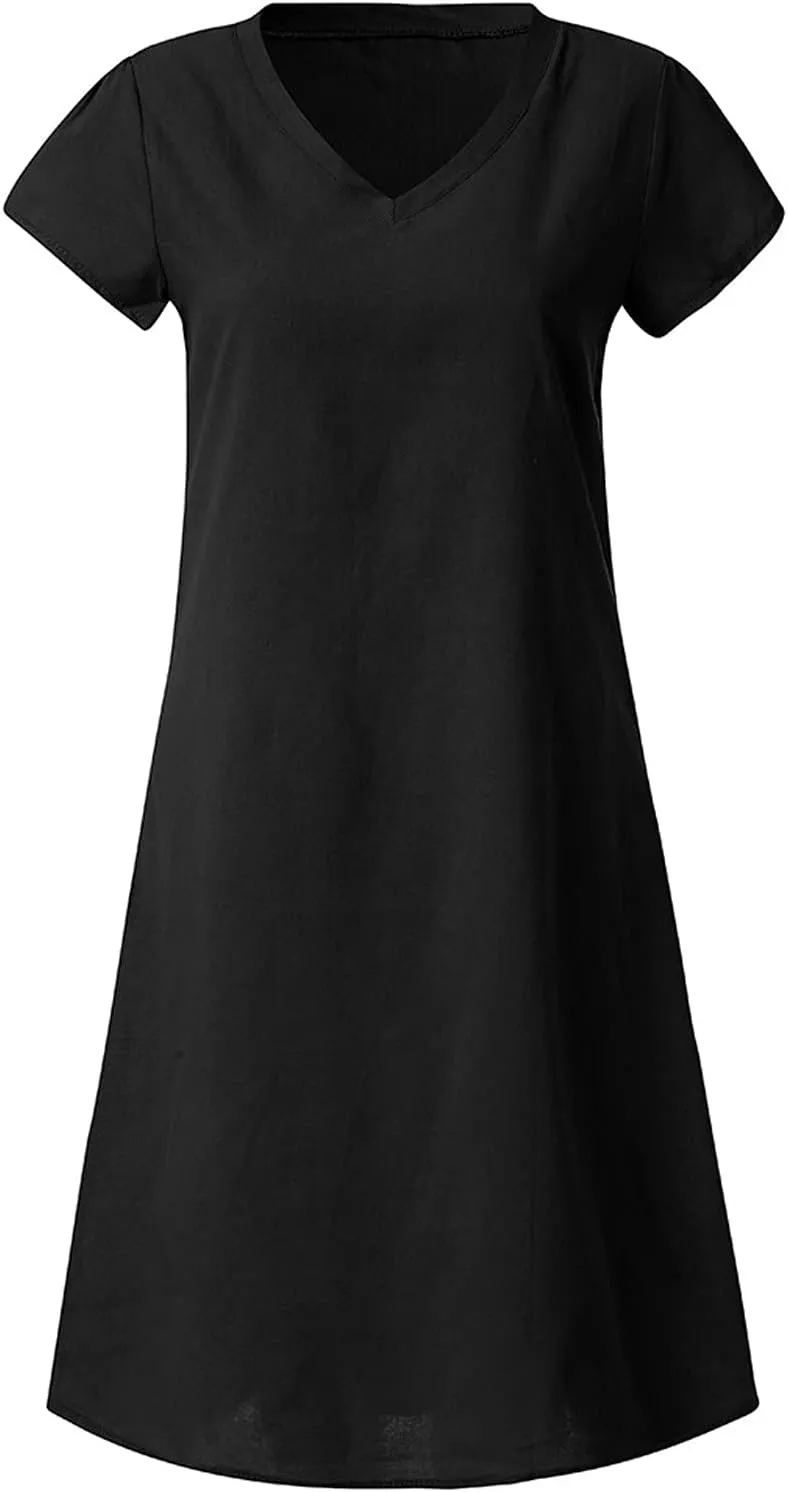Women's Cotton Linen Midi Dress V Neck Short Sleeve Causal Loose Fit Tshirt Dresses Summer Plus Size A-Line Dress