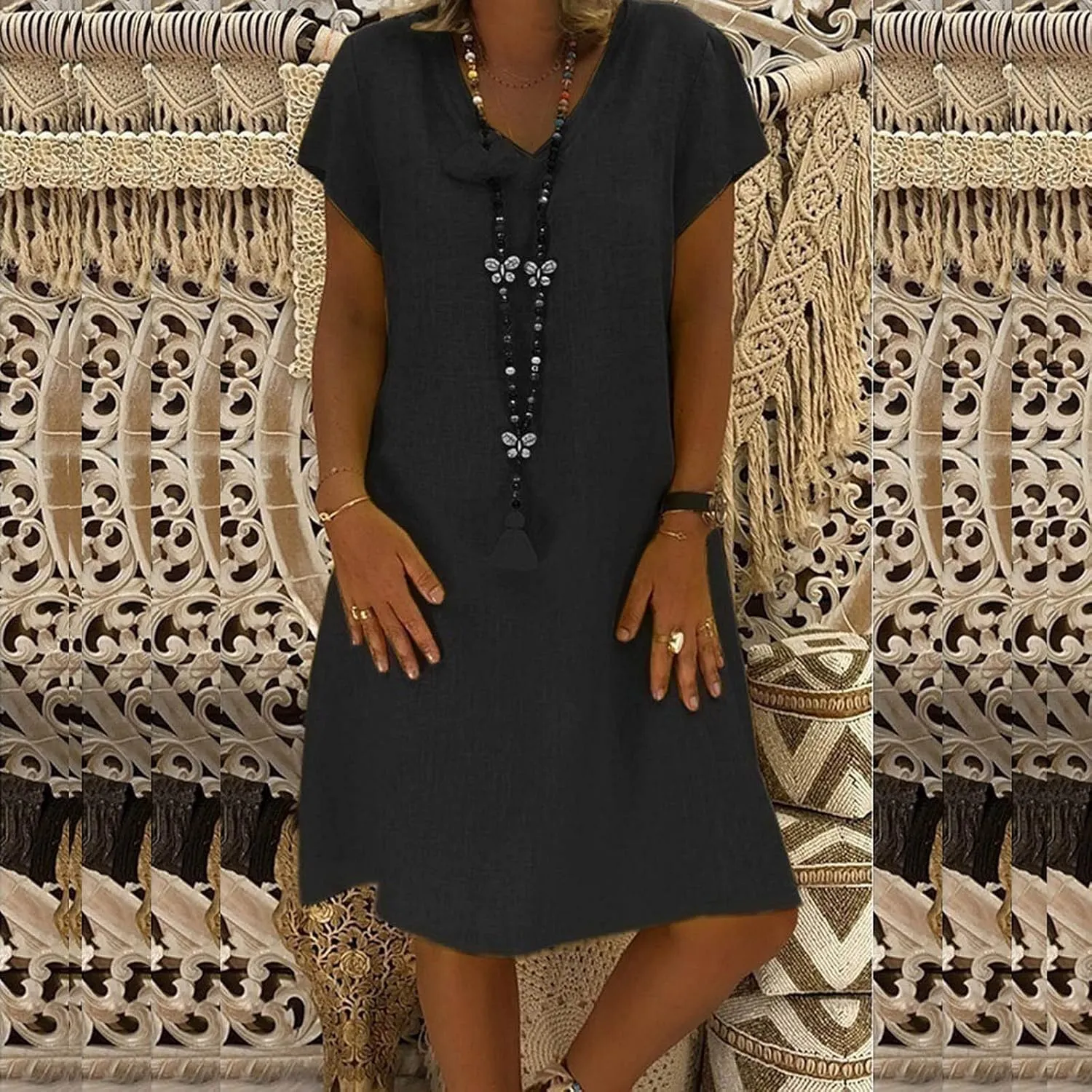 Women's Cotton Linen Midi Dress V Neck Short Sleeve Causal Loose Fit Tshirt Dresses Summer Plus Size A-Line Dress