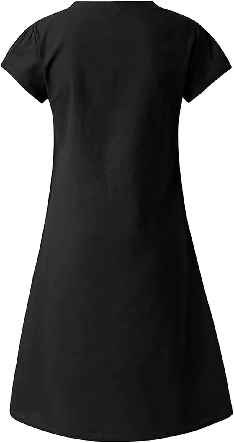 Women's Cotton Linen Midi Dress V Neck Short Sleeve Causal Loose Fit Tshirt Dresses Summer Plus Size A-Line Dress