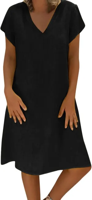 Women's Cotton Linen Midi Dress V Neck Short Sleeve Causal Loose Fit Tshirt Dresses Summer Plus Size A-Line Dress