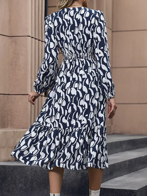 Women's Elegant Long Sleeve Printed Waist Dress