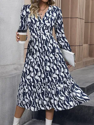 Women's Elegant Long Sleeve Printed Waist Dress