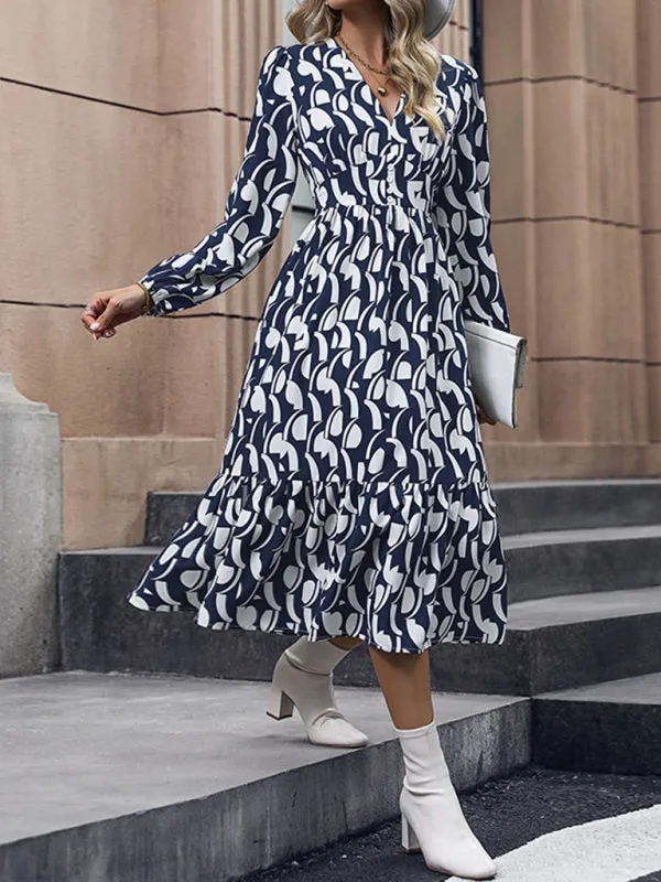 Women's Elegant Long Sleeve Printed Waist Dress